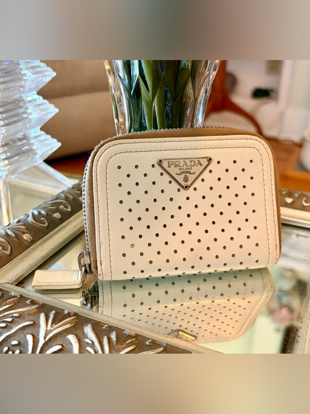 EUC! PRADA Ivory/cream perforated compact wallet. Stunning condition/$ Firm - Picture 3 of 9